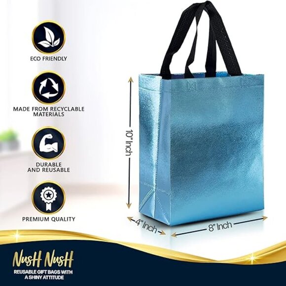 Aqua Blue Gift Bags Medium Size – Set of 12 Light Blue Reusable Gift Bags - Picture 3 of 4